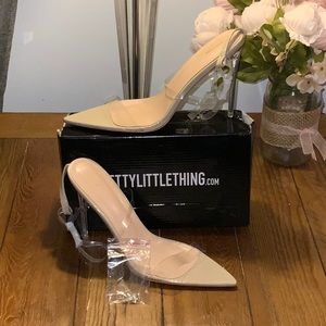 PLT: Nude point toe clear heel sandals